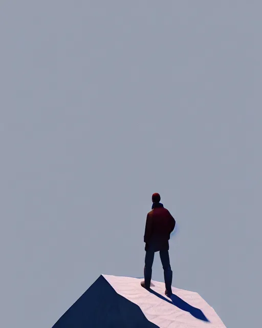 Image similar to a man standing in the middle of a mountain, a low poly render by filip hodas, behance contest winner, environmental art, rendered in cinema 4 d, volumetric lighting, low poly