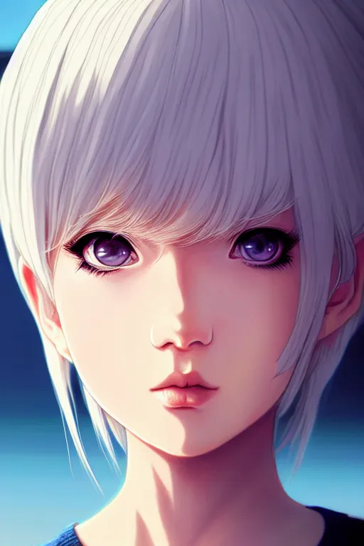 Image similar to portrait Anime girl, cute-fine-face, white-hair pretty face, realistic shaded Perfect face, fine details. Anime. realistic shaded lighting ((((by Ilya Kuvshinov))))