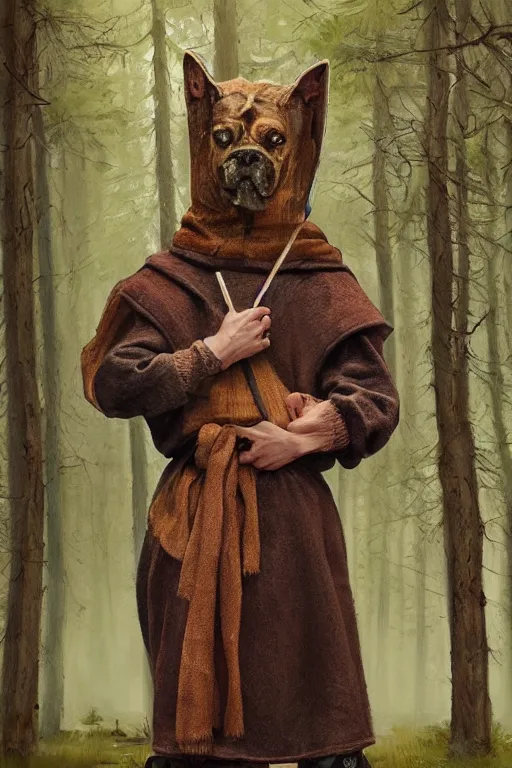 Prompt: slavic dog head man, woolen torso in medieval clothes, by whimmy artstation, walking in the forest, orthodox saint christopher, oil painting, concept art, hyperrealism, beautiful, high resolution, trending on artstation,