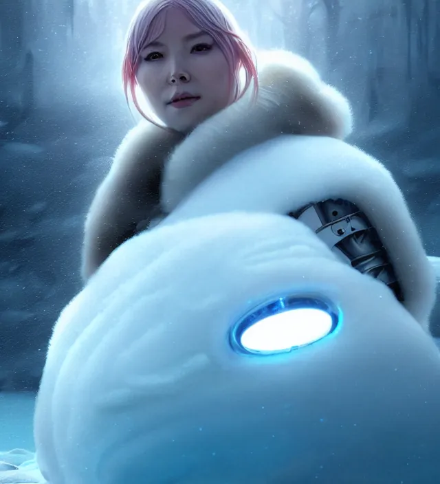 Image similar to portrait of a cyborg robot baby harp seal emerging from from an ice river, cinematic lighting, photorealistic, octane render, 8 k, depth of field, art by artgerm and greg rutkowski and alphonse mucha and uang guangjian