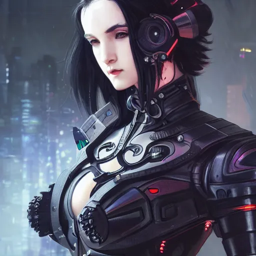 Prompt: cyberpunk goth girl wearing cybernetic body armor, intricate, art by artgerm and greg rutkowski and alphonse mucha and william - adolphe bouguereau, high detailed, 4 k,