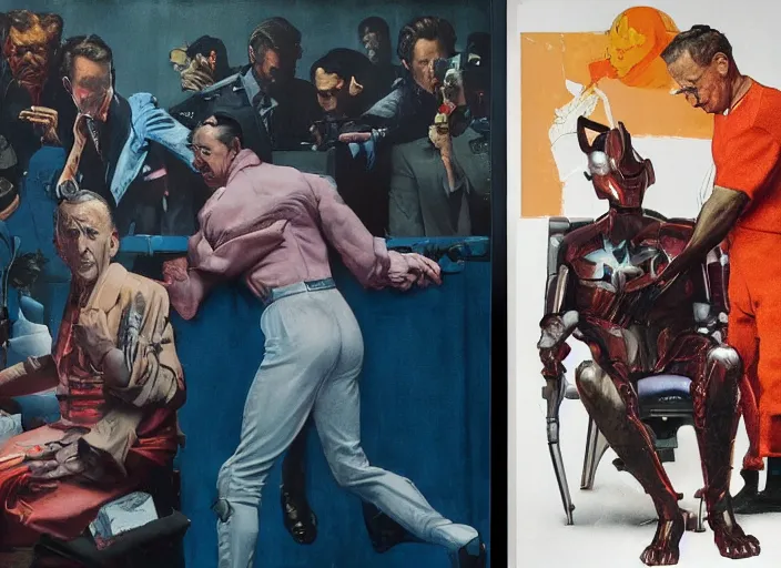 Prompt: a still from the movie avengers : endgame of francis bacon and norman rockwell and james jean, a still from the movie the godfather, and mark brooks, triadic color scheme, by greg rutkowski, syd mead and edward hopper and norman rockwell and beksinski, dark surrealism, orange and turquoise