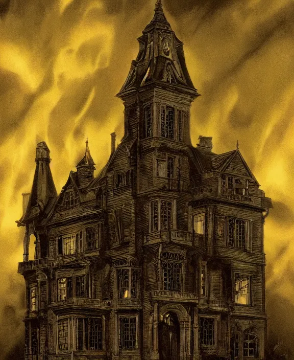 Image similar to illustration of The Haunting of Hill House (2018), Les Edwards poster art, detailed