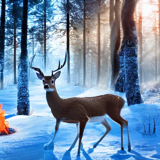 Image similar to deer on fire in a frozen forest, sparkles and sun rays, hyperrealistic, photo realistic, realistic, beautiful white lighting, in the middle of the day