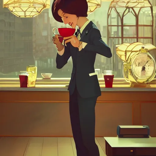 Prompt: a weasel in a suit was drinking tea, surrounded by tea houses ambient lighting, 4 k, lois van baarle, ilya kuvshinov, rossdraws, alphonse mucha, jung gi kim, artstation