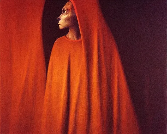 Image similar to by francis bacon, beksinski, mystical redscale photography evocative. devotion to the scarlet!!! woman!!!, priestess in a conical!!! hat, coronation, ritual, sacrament