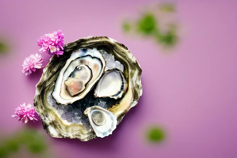 Image similar to a romantic dlsr photoportrait of the very beautiful oyster in the field of flowers. pastel colors, blurred background. sharp focus on the oyster, 5 0 mm lens, professional light, aerial shot from the drone