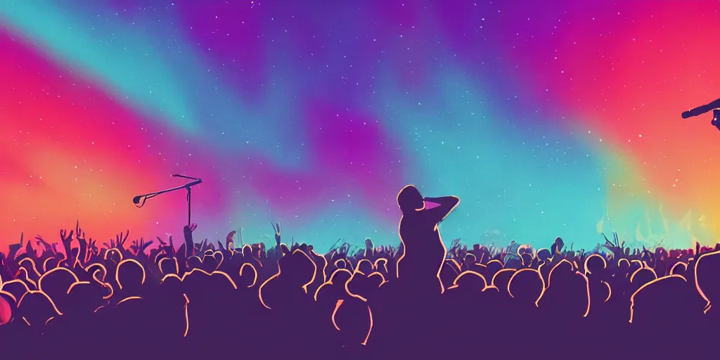 Image similar to rapping into microphone, silhouette, huge crowd, outrun, hip hop, digital art, Aurora borealis, trending on Artstation, professional artist, detailed, 4k