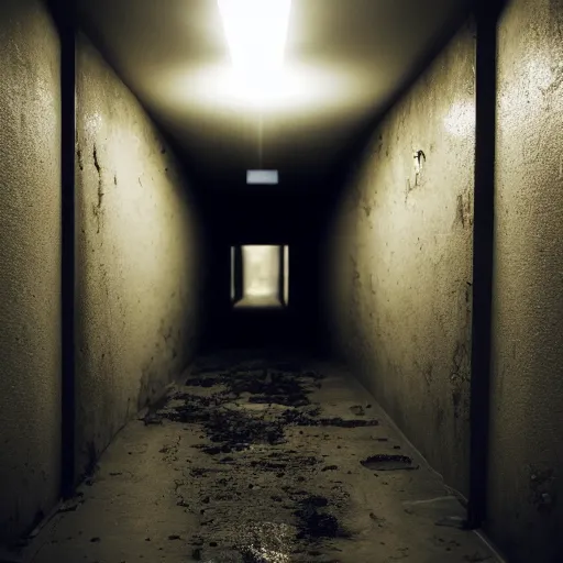 Image similar to dark hallway, dim lighting, water dripping from ceiling, broken walls