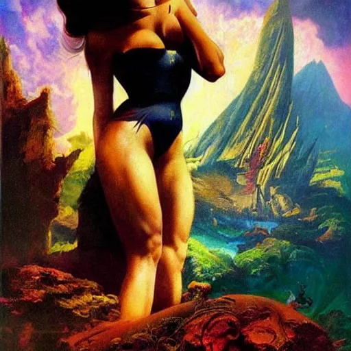 Image similar to princess of the dreamlands, cyclopean city, beautiful! coherent! by mariusz lewandowski, by frank frazetta, deep colors, strong lines, high contrast