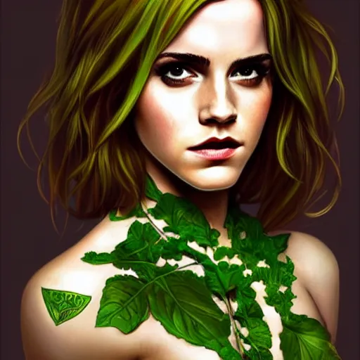 Image similar to Emma Watson Poison Ivy, cute, fantasy, intricate, elegant, highly detailed, digital painting, 4k, HDR, concept art, smooth, sharp focus, illustration, art by artgerm and H R Giger and alphonse mucha