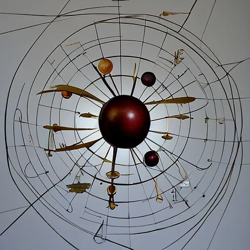 Prompt: a kinetic sculpture of this solar system, sun, orrery, canon 5 d 5 0 mm lens, papier - mache, studio, 1 9 9 9