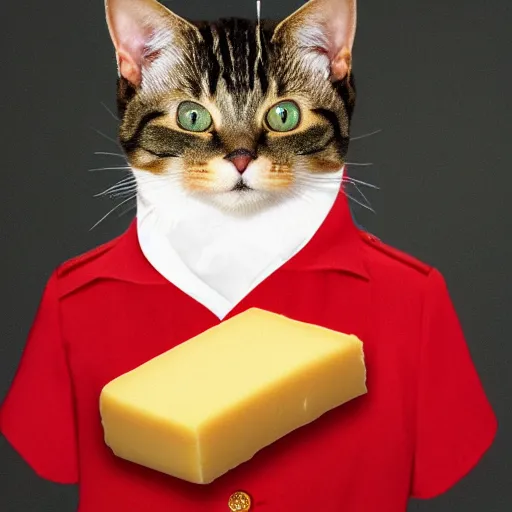 Prompt: Napolean cat in red uniform holding a block of cheese