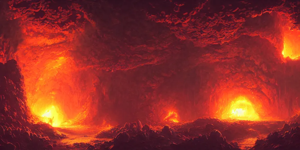 Prompt: Terraria underworld caverns, flowing lava and ash piles, caves, cozy wallpaper, 4k, trending on Artstation, award-winning, art by Greg Rutkowski