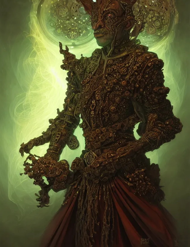 Image similar to front shot of a court jester character, hyperdimensional, bioluminescent hypercubes, dark holography!!!, (((intricate))), elegant, highly detailed, centered, (((artstation, concept art, smooth, sharp focus, artgerm, Tomasz Alen Kopera, Peter Mohrbacher, donato giancola, Joseph Christian Leyendecker, WLOP, Boris Vallejo))), mugshot!!!!!, ugly!!!!!!, octane render, nvidia raytracing demo, grainy, muted, 8K, digitalblasphemy