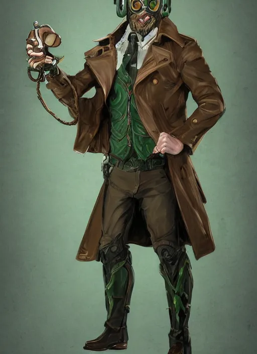 Image similar to a highly detailed illustration of thick wavy brown haired young white guy wearing brown detective trench coat and wearing dark green mask, with many long mechanical arms on his back, dramatic standing pose, intricate, elegant, highly detailed, centered, digital painting, artstation, concept art, smooth, sharp focus, league of legends concept art, WLOP