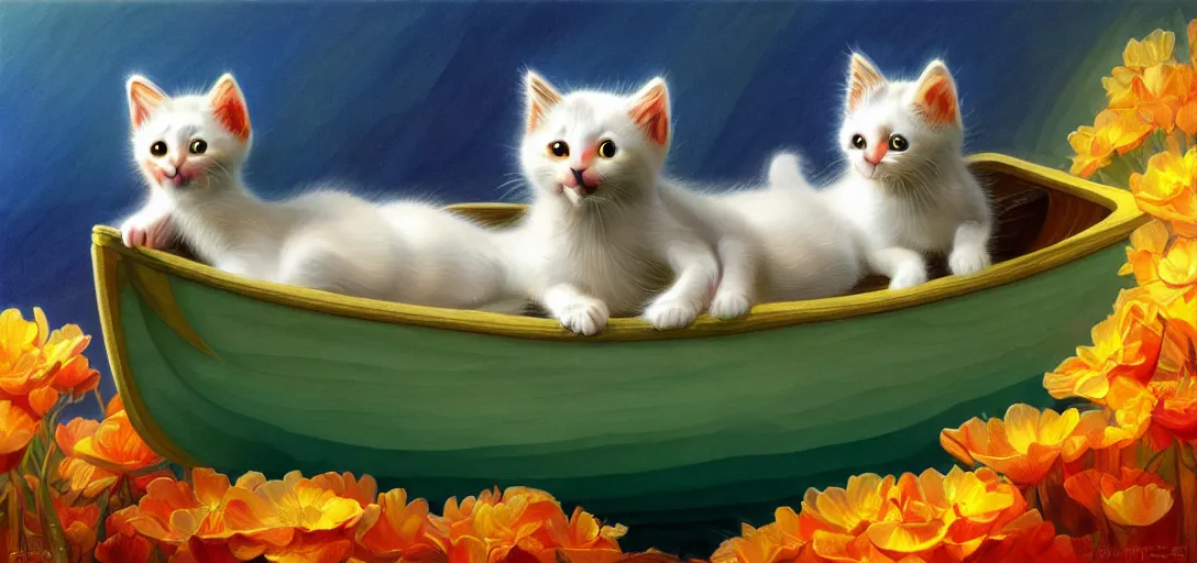 Prompt: a kitten in a boat, translucent and hyperrealistic and ultra - detailed in the style of roger dean and wlop, bloom, glow, reflection, refraction, matte, glossy, smooth, emissive material