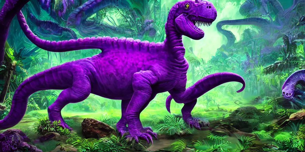 Image similar to spectral purple neon dinosaur, green jungle background, detailed, fantasy, oil painting, ultrawide landscape, concept art