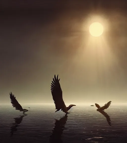 Prompt: three long beak crows flying and a little boat in a swamp, long legs, volumetric lighting, majestic light, octane render, ethereal glare of the sun, hyperrealistic, epic, masterpiece, by greg rutkowski