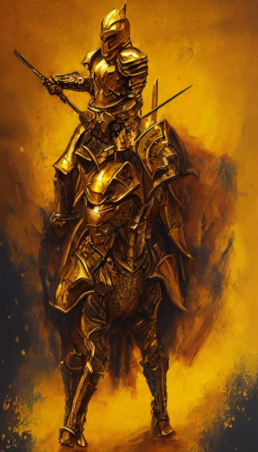 Image similar to golden knight, oil painting, extremely detailed, art station, concept art, faded pallette