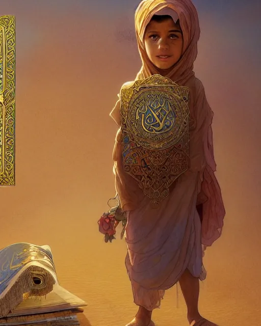 Prompt: a faceless bedouin child infront of a big open quran highly detailed, gold filigree, romantic storybook fantasy, soft cinematic lighting, award, disney concept art watercolor illustration by mandy jurgens and alphonse mucha and alena aenami, pastel color palette, featured on artstation