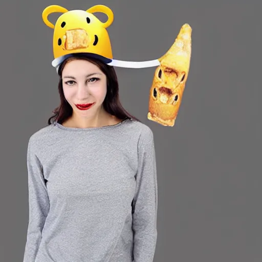 Image similar to cheese head hat fashion with cows popping out of the holes very detailed, hyper realistic