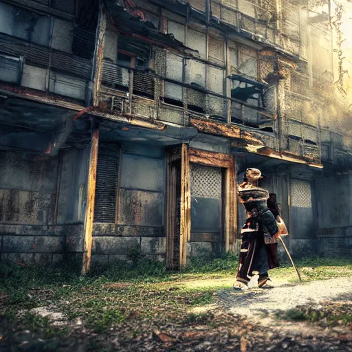 Image similar to samurai staying in front of abandoned hospital in woods, matte painting, hyper realistic render, cryengine, unreal engine, cyberpunk, dark art, digital art