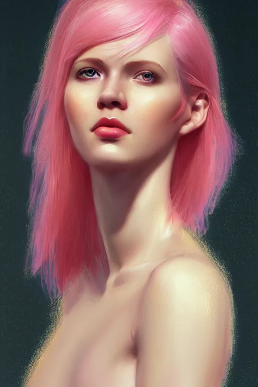 Image similar to Portrait of a beautiful pale skin Nordic female with short pink hair, elegant, photorealistic, highly detailed, artstation, smooth, sharp focus, gold ornaments, neon lighting, sci-fi, art by Klimt.