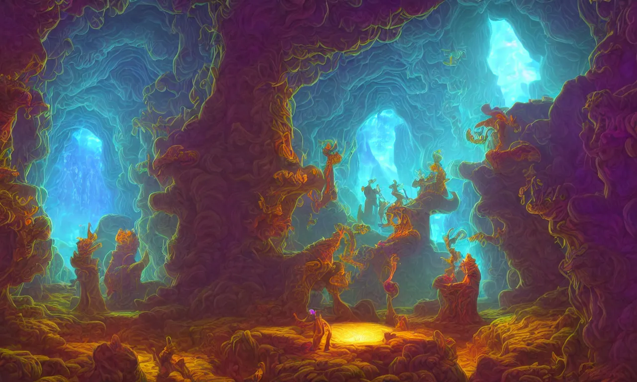 Image similar to large kerberos realm, wizard issues ticket close up, reading a directory, colorful ravine, 3 d art, digital illustration, perfect lighting