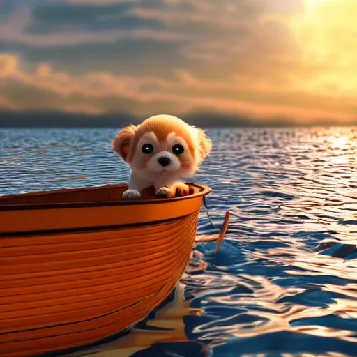 Prompt: a close - up image of a baby dog on a small wooden boat in the sea near a small island at sunrise, ghibli studio, pixar and disney style, concept art, octane render, unreal engine 5, trending on artstation, high quality, highly detailed, colorful, anatomically correct, anime style, beautiful, path traced, cute