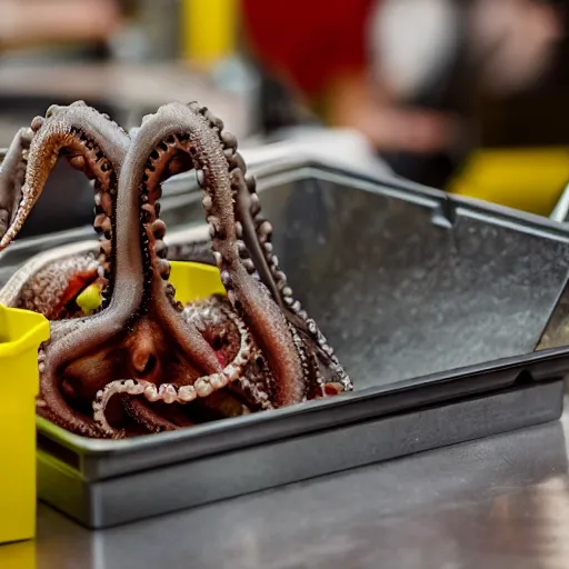 Image similar to octopus made of steel eating fastfood, 5 5 mm