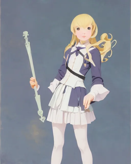 Image similar to late renaissance magical academy girl school uniform, pale cyan and grey fabric, jodhpurs greg manchess painting by sargent and leyendecker, studio ghibli, fantasy, medium shot, asymmetrical, intricate, elegant, matte painting, illustration, hearthstone, by greg rutkowski, by greg tocchini, by james gilleard, by joe fenton