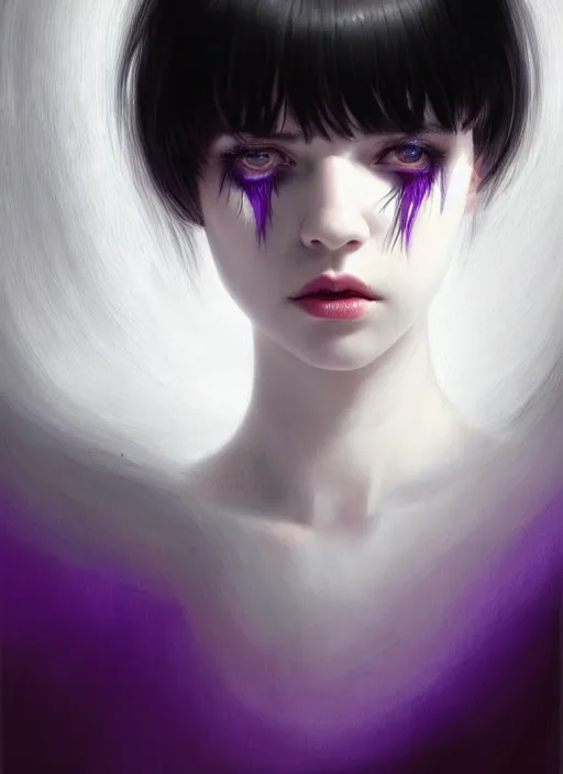 Image similar to portrait of teenage girl, red irises, bangs, black and white hair, white bangs, purple clothes, white bangs, two color hair, black hair and white bangs, intricate, elegant, glowing lights, highly detailed, digital painting, artstation, concept art, smooth, sharp focus, illustration, art by wlop, mars ravelo and greg rutkowski