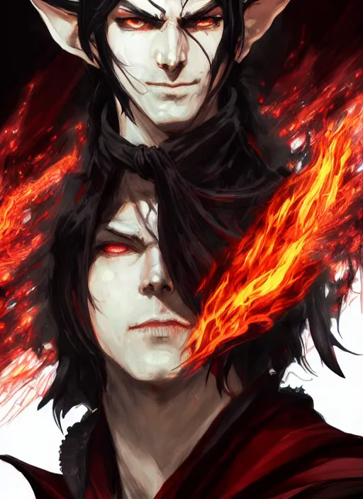 Image similar to Half body portrait of a handsome elf fire mage with long black hair wearing ornate scarlet robe, crazy grin, flame, anarchy. In style of Yoji Shinkawa and Hyung-tae Kim, trending on ArtStation, dark fantasy, great composition, concept art, highly detailed, dynamic pose.