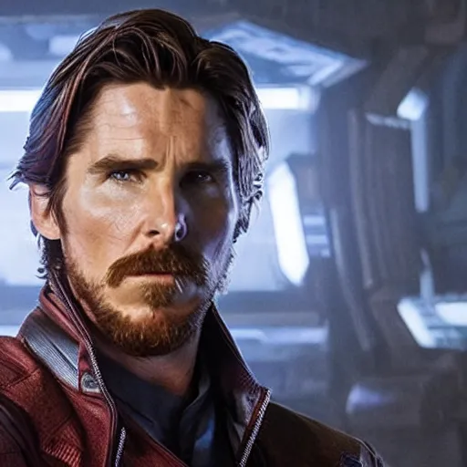 Image similar to film still of Christian Bale as Star Lord in Guardians of the galaxy