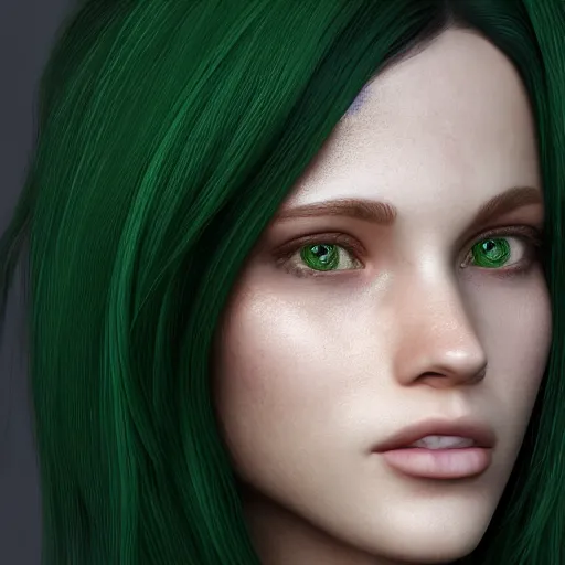 Prompt: portrait of missy, a young woman with long dark hair, green eyes and green hair, ultra detailed, photo realistic, trending on artstation, octane render