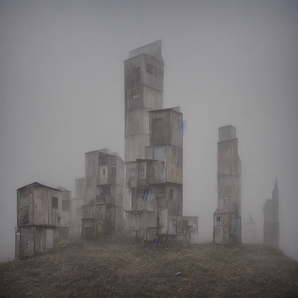 Image similar to two towers, made up of makeshift squatter shacks with pastel colours, uneven dense fog, dystopia, mamiya rb 6 7, fully frontal view, very detailed, photographed by jeanette hagglund