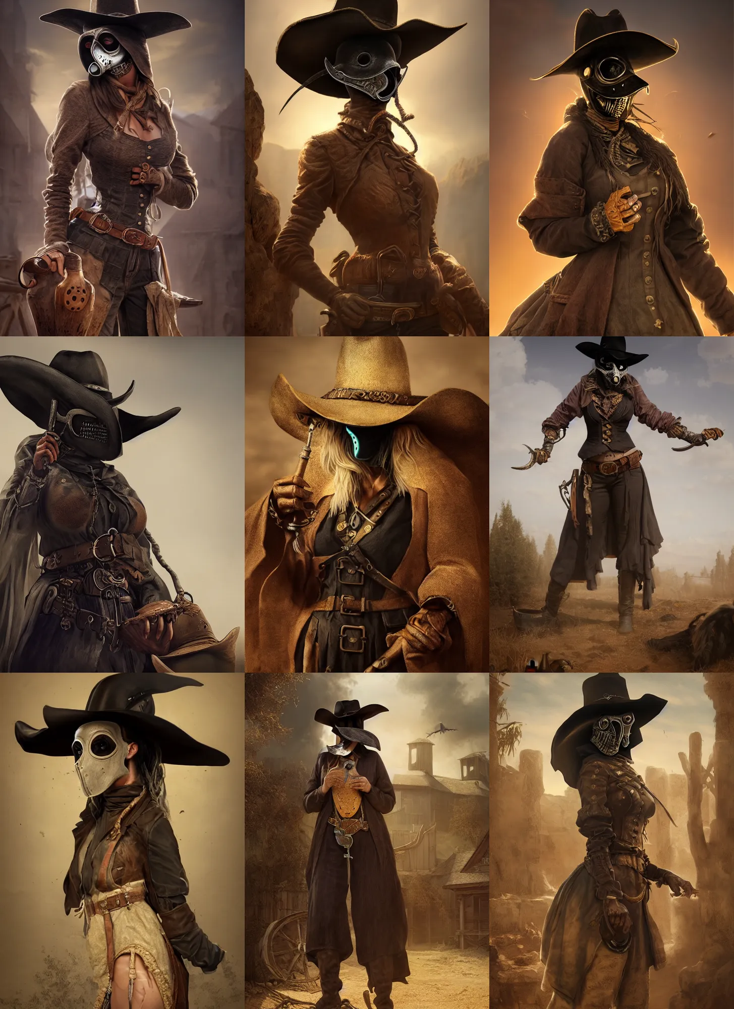 Prompt: beautiful cowgirl plague doctor detailed old west background, d & d style detailed full body concept beautiful matte painting, vfxfriday, vivid, hyper realistic, detailed, masterpiece, 8 k resolution, insanely detailed and intricate, octane render, golden ratio, vfx, postprocessing, alluring