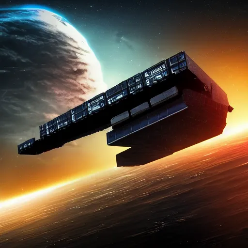 Prompt: spaceship made of shipping containers, black background, eve online, the expanse, long shot, gritty, industrial