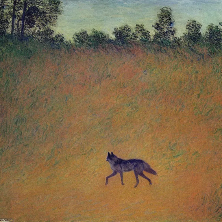 Prompt: Majestic wolf walking through a sand dune on the heath. Painting by Claude Monet (1872)