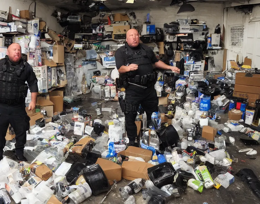 Image similar to Alex Jones in his garage office INFOWARS studio fighting a group of SWAT police, surrounded by boxes of herbal supplements and trash, tear gas and smoke, detailed photograph high quality