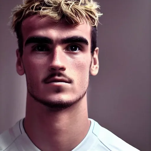 Image similar to “ a realistic detailed photo of a guy who is an attractive humanoid who is half robot and half humanoid, who is a male android, soccer player antoine griezmann, shiny skin, posing like a statue, blank stare, on the bed, on display ”