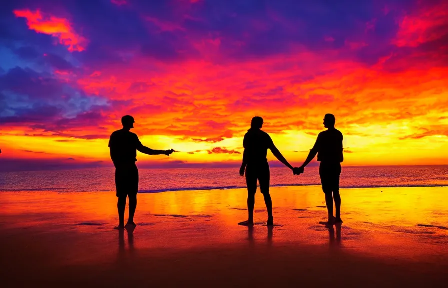 Prompt: 8 k uhd wonderful colorful sunset on a seashore with a cloud in the shape of a couple holding hands, professional photography,