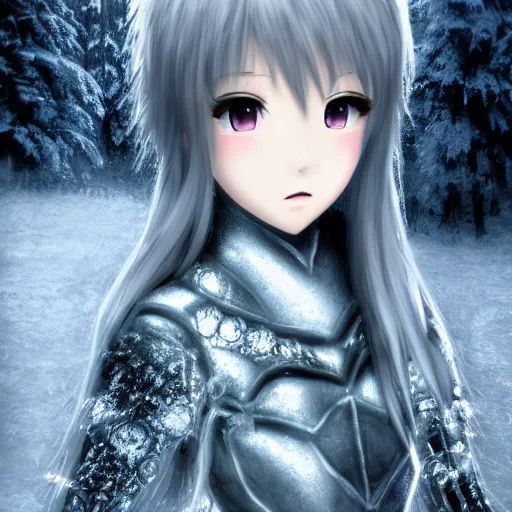 Image similar to portrait focus of knight beautiful 3 d anime girl!! silver frozen ice armor wearing!! dark forest background snowing, bokeh, inspired by masami kurum