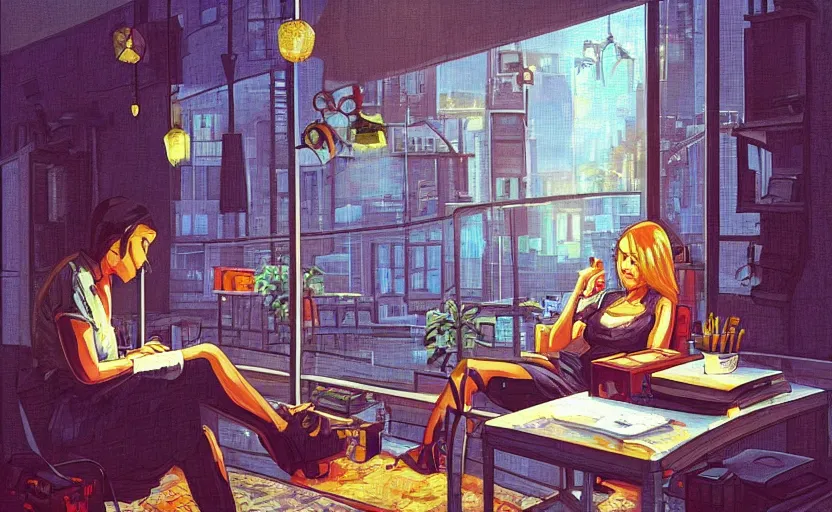 Image similar to Pulp-novel Character sitting and relaxing in front of their work desk in their cozy room as a peaceful rainy city scene is seen through the room's window. Smooth Highly detailed masterpiece pixel-art. in the style of Close Highly detailed masterpiece professional artistry Sega, Namco, Neogeo, Capcom artist's Pixel-art. Trending on artstation. Slice-of-life genre art. Balanced colors and lighting scheme by James Gurney and artgerm. In the style of a 'Music to chill/study' to youtube video.