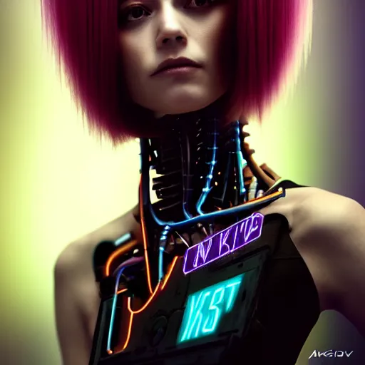 Image similar to a portrait of a beautiful young 28th century super cool post-human female with long neon like hair, barely human and largely biomechanical machine, hyper-realistic cyberpunk style, image by tom bagshaw , IKuvshinov Ily, photos by Annie Leibovitz, moody, models by 500px, dramatic cinematic lighting rendered by octane, 8k, detailed, intricate, clean and textures, trending on artstation, deviantart google images, pinterest