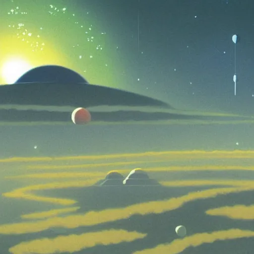 Prompt: sci - fi space landscape by studio ghibli, matte painting, high contrast