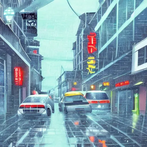 Image similar to a rainy city street in the style of japanese animation, trending on pixiv