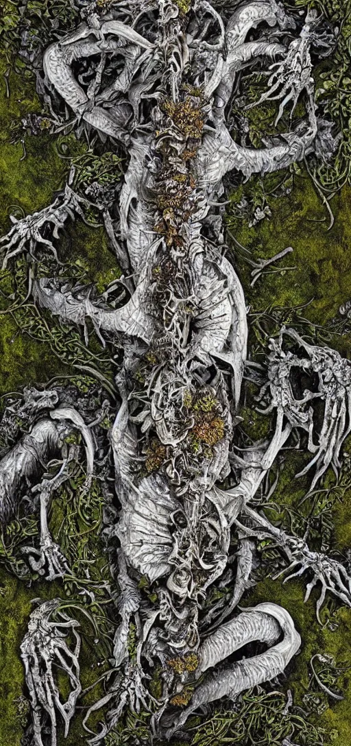 Image similar to white dragon skeleton covered in moss and flowers, intricate details, hyperrealistic, HR Giger