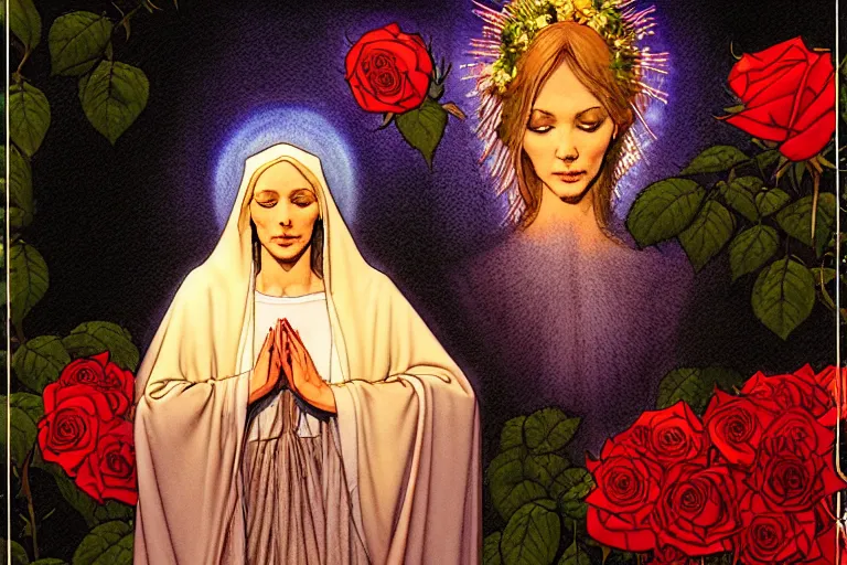 Image similar to a hyperrealist watercolour character concept art portrait of the virgin mary on well lit misty night in las vegas, nevada. sacred geometry lines faint in the background. roses adorn. by rebecca guay, michael kaluta, charles vess and jean moebius giraud